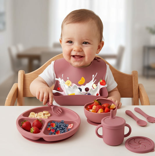 Ensemble Repas Bébé en Silicone Sans BPA – Assiette, Bol à Ventouse, Gobelet, Cuillère & Fourchette