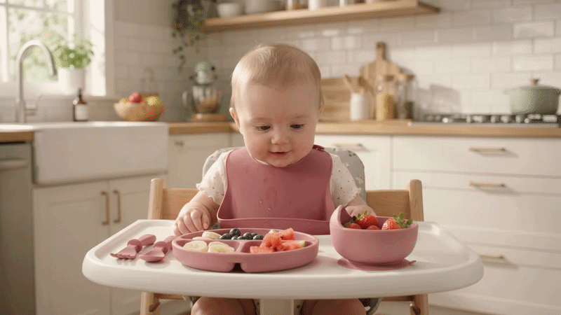 Ensemble Repas Bébé en Silicone Sans BPA – Assiette, Bol à Ventouse, Gobelet, Cuillère & Fourchette