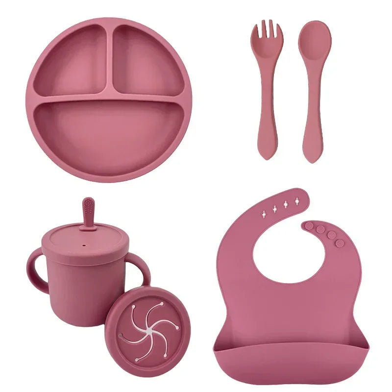 Ensemble Repas Bébé en Silicone Sans BPA – Assiette, Bol à Ventouse, Gobelet, Cuillère & Fourchette