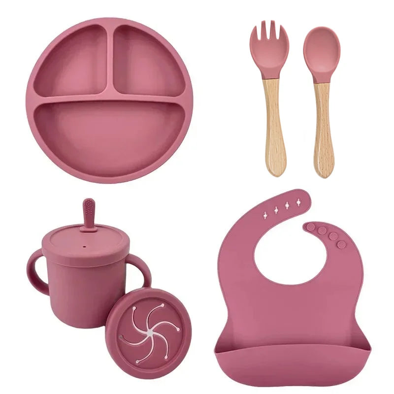 Ensemble Repas Bébé en Silicone Sans BPA – Assiette, Bol à Ventouse, Gobelet, Cuillère & Fourchette