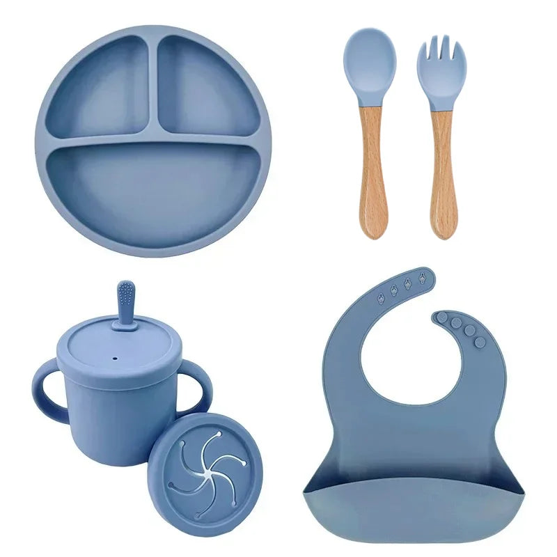 Ensemble Repas Bébé en Silicone Sans BPA – Assiette, Bol à Ventouse, Gobelet, Cuillère & Fourchette