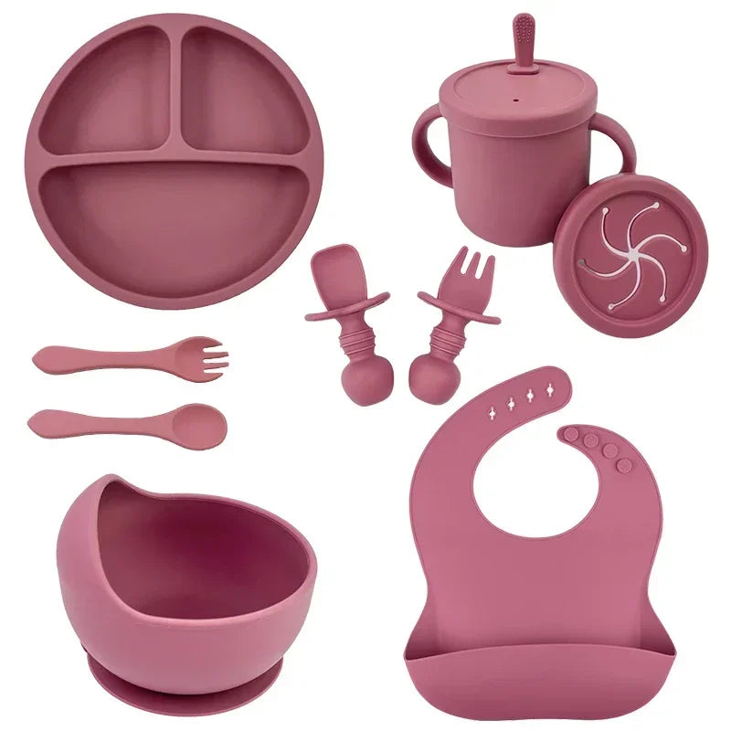 Ensemble Repas Bébé en Silicone Sans BPA – Assiette, Bol à Ventouse, Gobelet, Cuillère & Fourchette