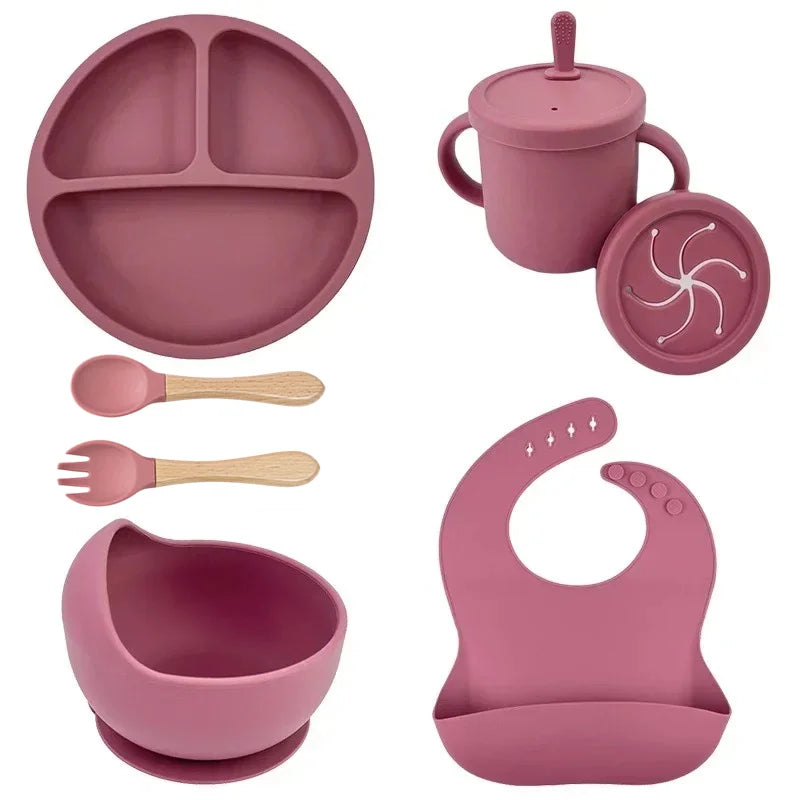 Ensemble Repas Bébé en Silicone Sans BPA – Assiette, Bol à Ventouse, Gobelet, Cuillère & Fourchette
